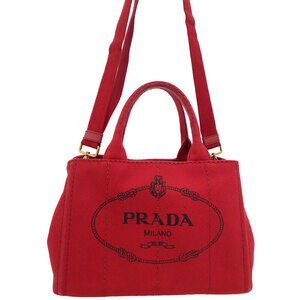 Prada Canapa Tote canvas handbag top handles 2way Red